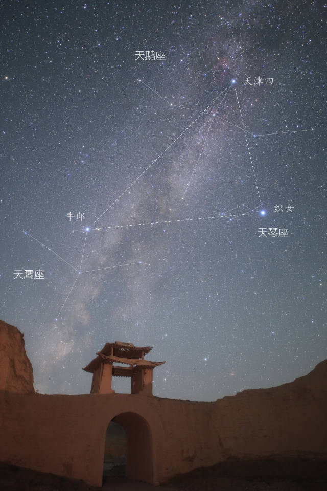 者林诗,沈权智8月12日拍摄于兰州永泰古城(线条为后期绘制星座示意图)