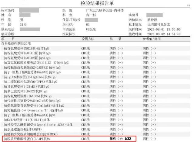 脑脊液GFAP抗体阳性。  受访者供图