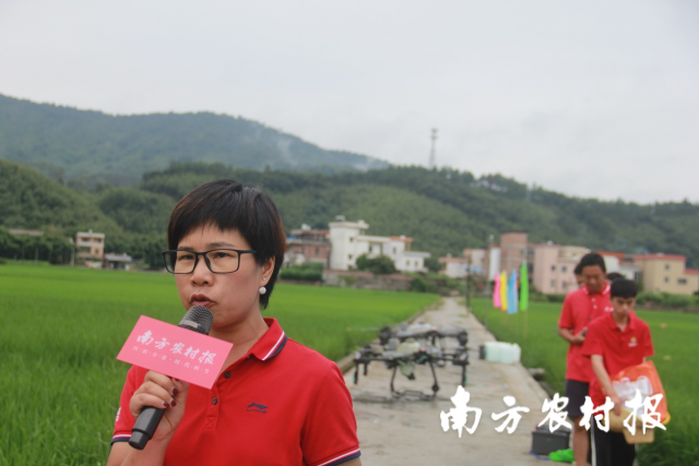 广宁供销农服公司负责人皮小凡，身后是三台农用无人机。