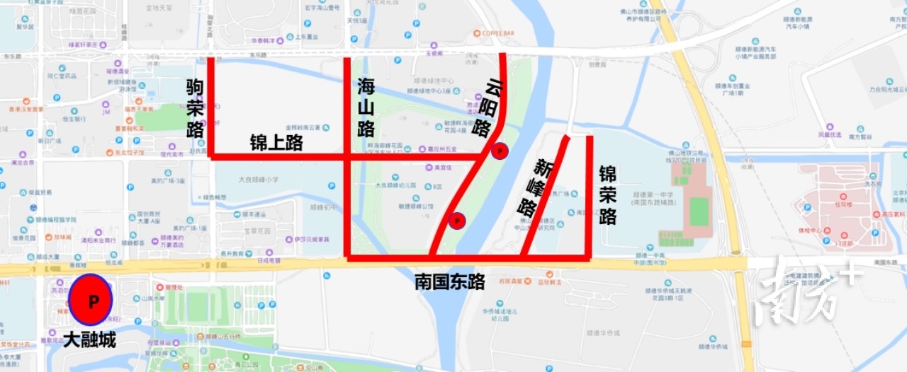 节假日期间顺峰山公园周边临时停车场分布。