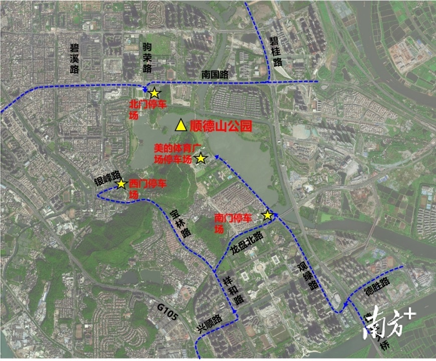 顺峰山公园停车路径指引。