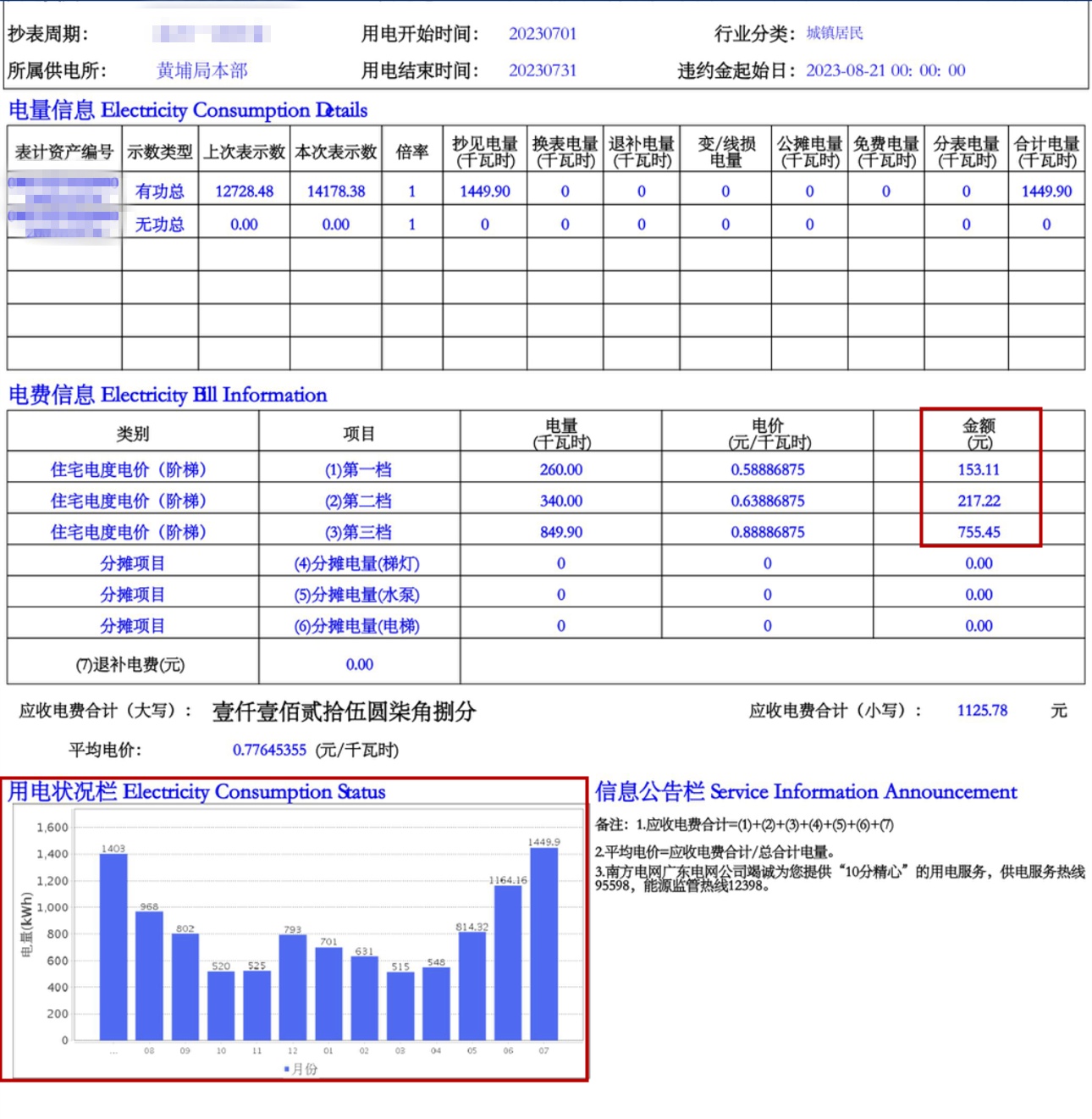 广州市民贾小姐今年7月份电费账单详情。受访者供图