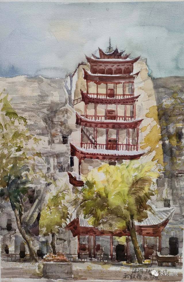 鄒繼科《莫高窟秋色》水彩 38x54cm 2014,。