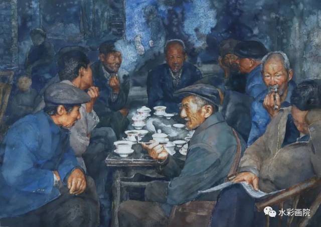 水彩《茶館》79×108cm  2017，2018入選首屆中國（深圳）國際水彩雙年展（中國美術(shù)家協(xié)會主辦）,。