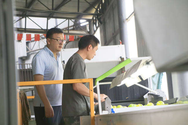 雷应沣在生产车间指导工人生产。