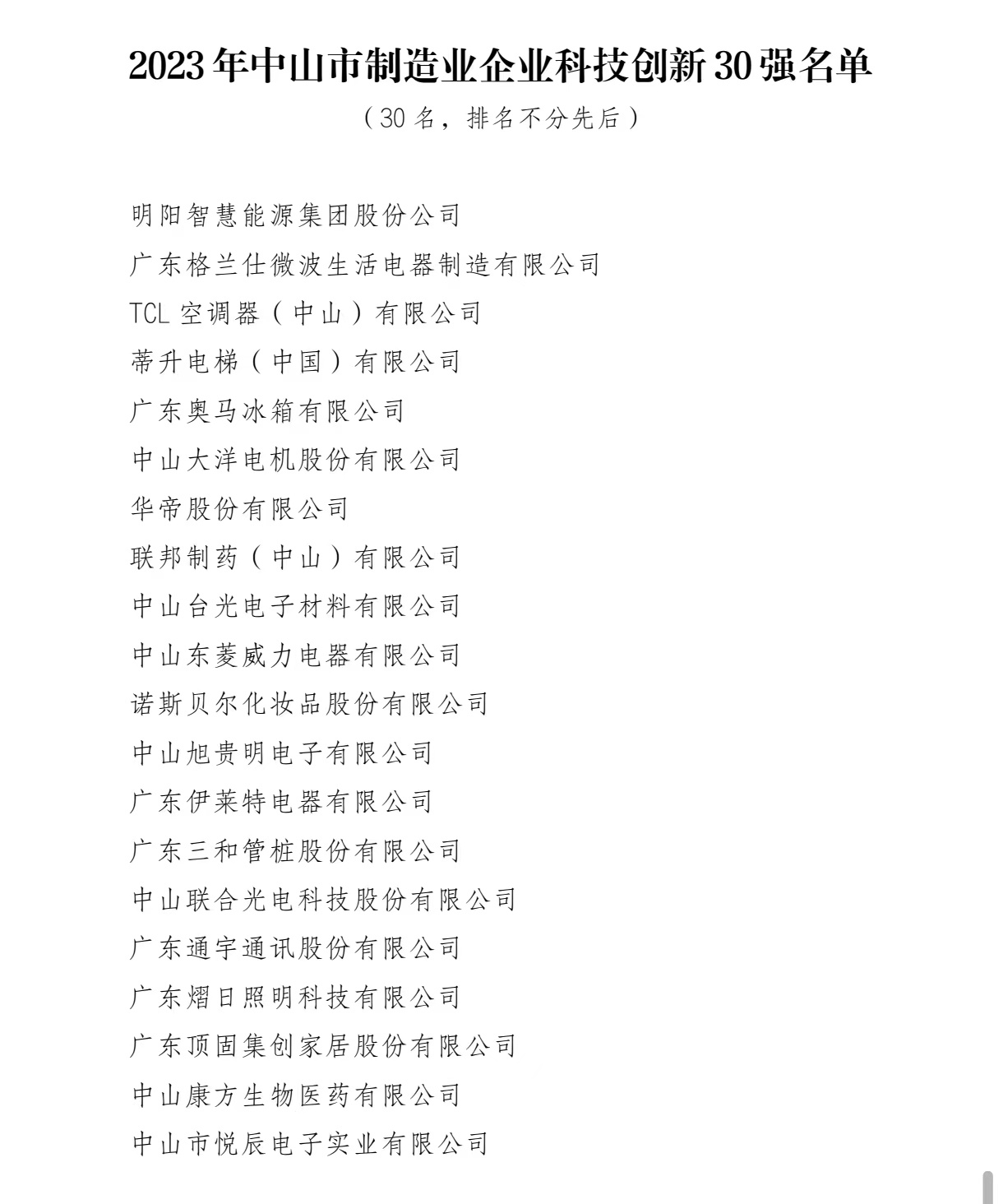 2023年中山制造科技创新30强名单。