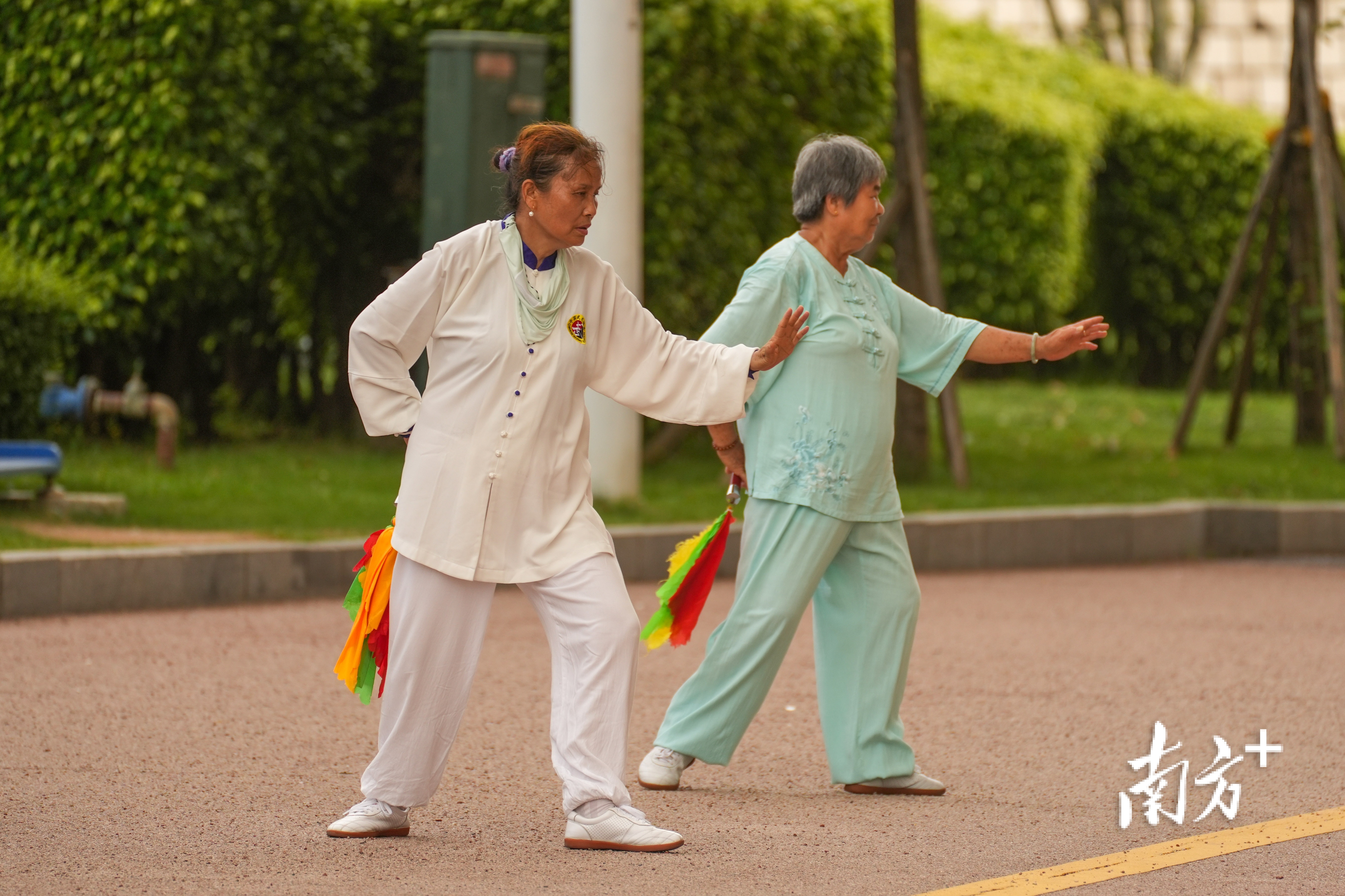 老人们一招一式舞刀弄剑。  