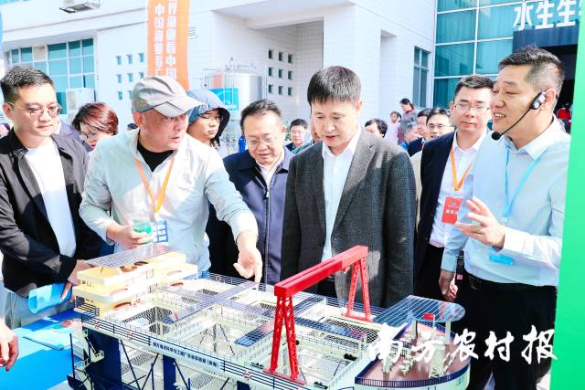 刘新中局长在现代化海洋牧场展区与参展单位交流。 