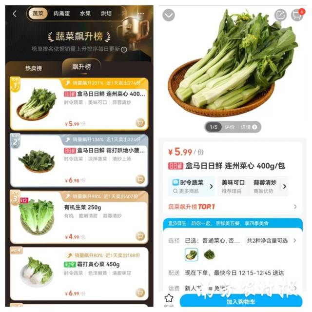 連州菜心登上盒馬APP“蔬菜飆升榜”TOP 1