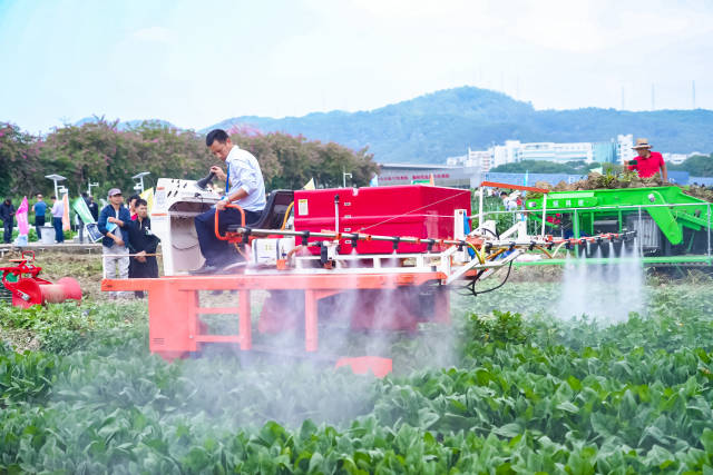 蔬菜生产机械在田间现场演示。