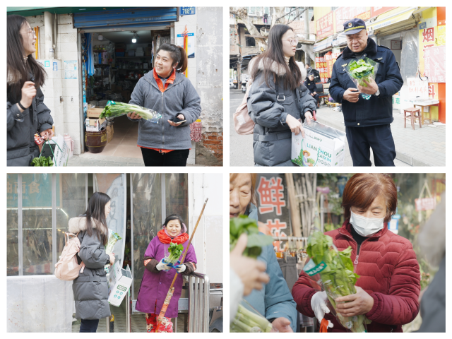 记者走上街头向武汉市民介绍、赠送连州菜心