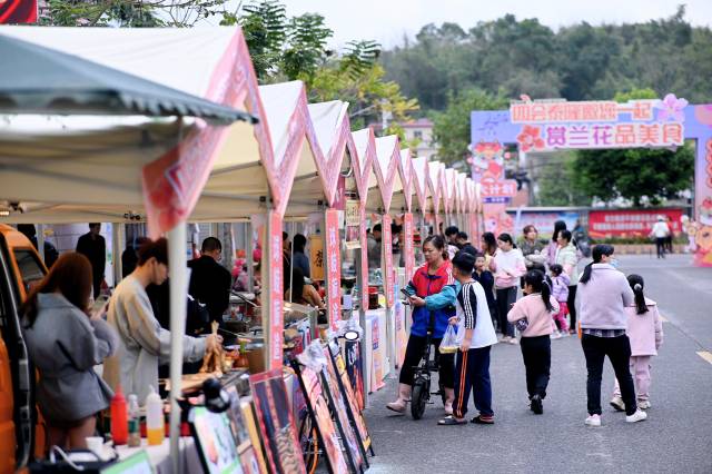 市民游客前来赏兰花、品美食。 市民游客前来赏兰花、品美食。