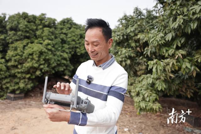 惠州市惠东县多祝镇，王超利用无人机给果树喷洒农药。 