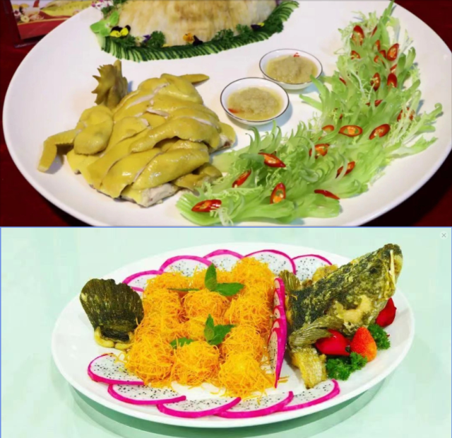 封开杏花鸡,金丝沙津生鱼球。 封开杏花鸡,金丝沙津生鱼球。