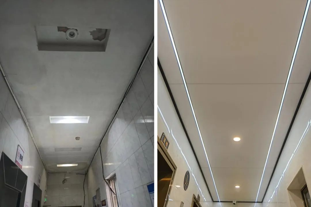 走廊天花板提升前后对比。