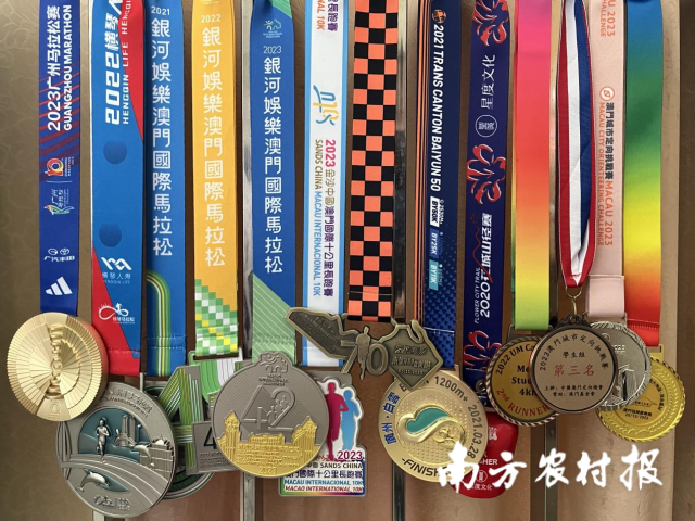 邹斌获得的马拉松比赛奖牌（左1-5）。